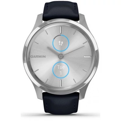 Garmin Vívomove Luxe + navy kék bőr szíjjal, ezüst csattal, matt ezüst