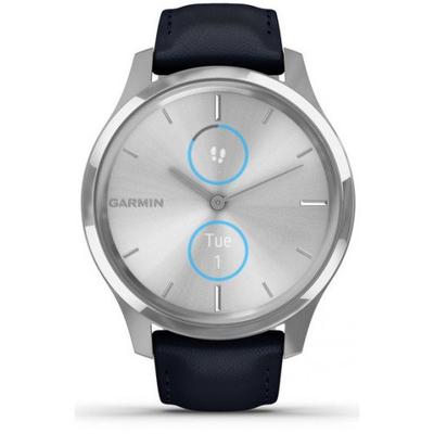 Garmin Vívomove Luxe + navy kék bőr szíjjal, ezüst csattal, matt ezüst