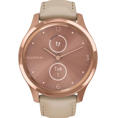 Garmin Vívomove Luxe + kő színű bőr szíjjal, 18K arany csattal, rozéarany