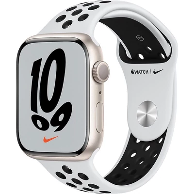 Apple Watch Series 7 NIKE GPS 45 mm alumínium tok+ platina-fekete NIKE sportszíj, starlight